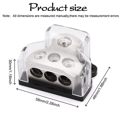 3 Way Car Power Distribution Block With One Zero Gauge In And 3x Four Gauge Out For Amp Grounding And Audio Wiring, clear cover, 58x48x30mm
