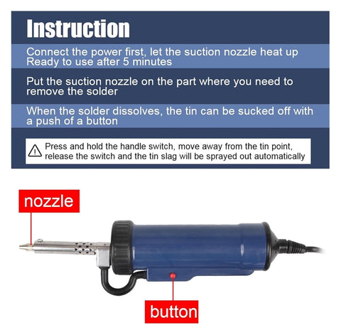 Portable Tin Solder Desoldering Vacuum Pump With 3 Suction Nozzles One Hand Operation pro-grade use instructions displayed