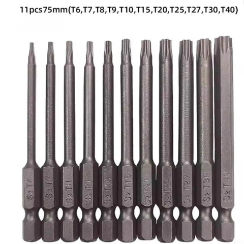 Premium Steel Torx Driver Bit Set With Strong Magnetic Tips And Stable Concentric Design Perfect For T6 To T40 Torx Screws In Auto Shop Electronics Repair And General Hardware Jobs Across The Nation. 11pcs 75mm steel Torx bits T6-T40 set