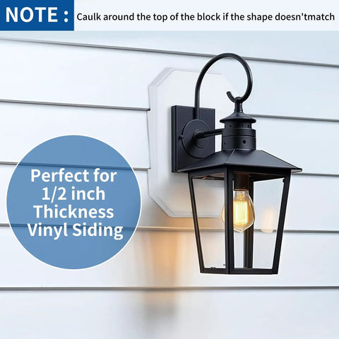 Two Pack Vinyl Siding Mounting Blocks With Built In Electrical Box For 1/2 Inch Lap Siding Outdoor Light Mounting Plate Kit UV Resistant White Plastic Durable Easy Install Siding Bracket installed with black lantern