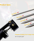 Badass Aluminum Tungsten Electrode Sharpener Featuring Cut Off Slot with four angled tungsten electrodes and tool specifications.