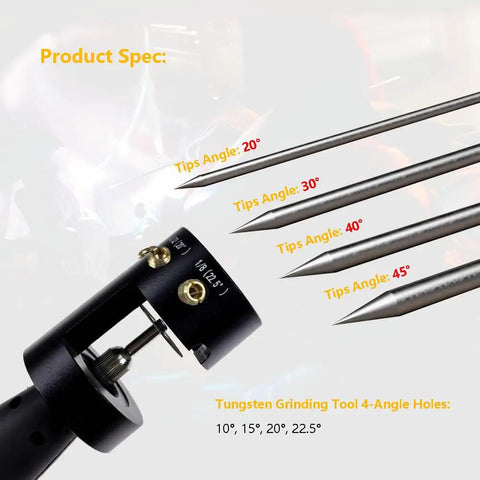 Badass Aluminum Tungsten Electrode Sharpener Featuring Cut Off Slot with four angled tungsten electrodes and tool specifications.