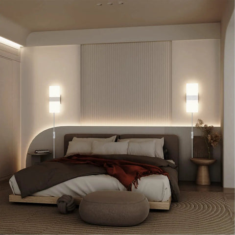 Bedroom with Two Pack Modern LED Wall Sconces Plug In Lights 10W 6000K Cool White Acrylic Wall Lamps above a bed