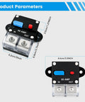 Built Tough 60 Amp Marine Circuit Breaker And Battery Disconnect Switch For Boat Trolling Motors visible from top and side angles with dimensions.