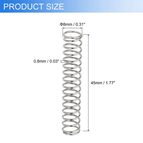 Five Pack Beefy Fix It Ready Heavy Duty Compression Springs 0.8mm Wire 8mm Outer Dia 45mm Length 304 Stainless Steel product size