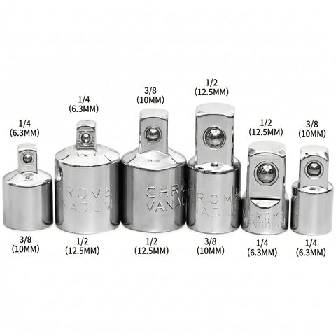Six Piece Socket Adapter And Reducer Set For One Quarter, Three Eighths, And One Half Inch Drives With Must Have Pro Grade Conversions