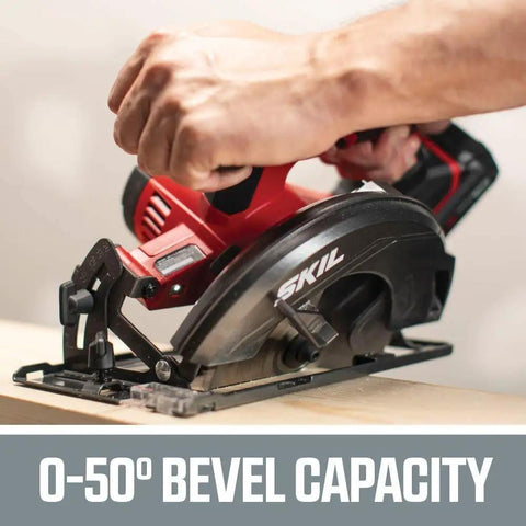 20V Cordless Circular Saw With 6 1/2 Inch Carbide Tip Blade Includes 2 Ah Lithium Battery And Smart Charger cutting wood at an angle.