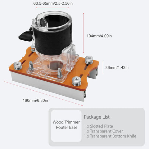 Rock Solid Wood Trim Router Base For 65mm Palm Tools with transparent cover, measuring 160mm x 104mm for precise woodworking.
