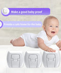 Kid Safe Outlet Covers 32 Pack With Hidden Pull Handle shown with baby on socket for child safety demonstration.