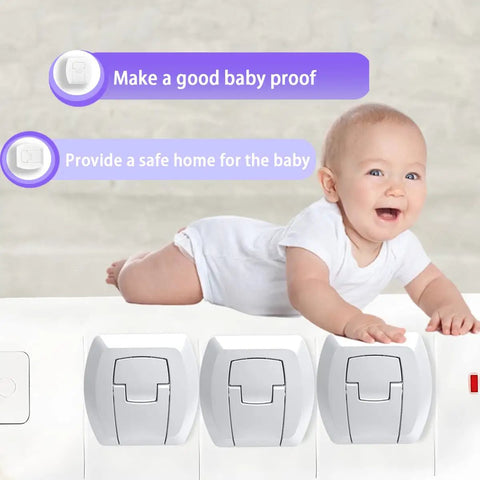 Kid Safe Outlet Covers 32 Pack With Hidden Pull Handle shown with baby on socket for child safety demonstration.