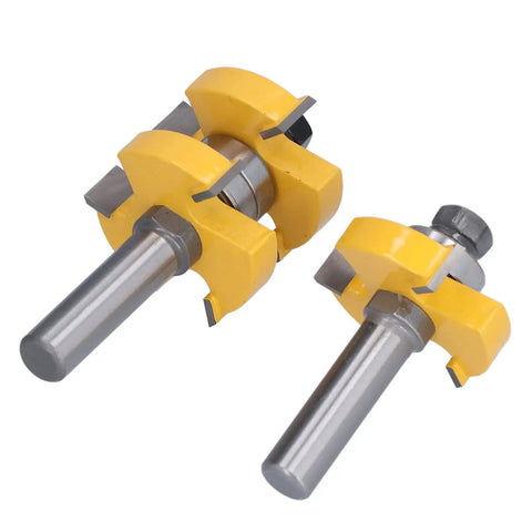 Tongue And Groove Router Bit Set Two Pack Carbon Steel One Half Inch Shank Anti Backlash Design For Cabinet Doors Frames Panels And Other Woodworking Projects With Smooth Clean Cuts, two yellow carbide router bits