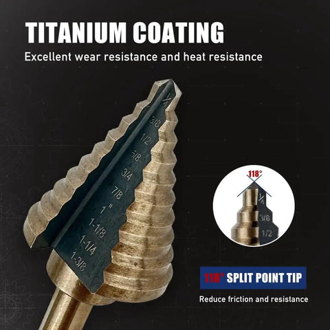 Close-up of Step Drill Bit Set 5 Piece With 50 Sizes For Metal Aluminum Wood And Plastic HSS Titanium Coated Tri Flat Shank