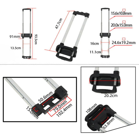 Adjustable Aluminum Telescopic Luggage Handle Replacement For Suitcases Built To Last Grab And Go Travel Accessory With Easy Grip 93.5 Cm By 16 Cm Black Finish, black aluminum handle with dimensions shown