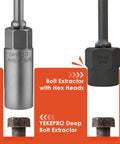 Deep Well Bolt Extractor Set Beefy Sixteen Piece Three Eighths Inch Deep Socket Tools for Damaged Bolts, shown with hex heads close-up.