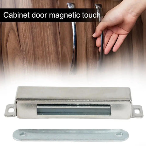 Heavy Duty Magnetic Door Catch For Cabinets And Pantries, Stainless Steel Cupboard Latch with handle, kid proof design shown.