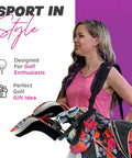 Monaco Collection 14 Way Ladies Golf Bag With Insulated Cooler Pocket Lightweight Cart Bag Rain Hood Red Roses in use by woman.