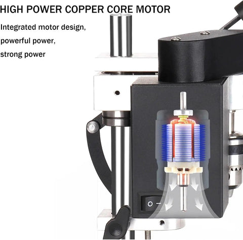 High power copper core motor inside Mini Bench Drill Press With Seven Gear Variable Speed For Precise Drilling On Metal Wood Plastic And Acrylic.