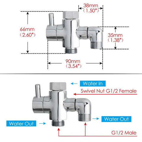Easy Install Brass Shower Arm Diverter Valve For Handheld And Fixed Shower Heads G1/2 3 Way Universal Bathroom System Component Replacement Polished Chrome, dimensions shown
