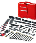 312 Piece Mechanics Tool Set With 120 Tooth Ratchet And 2 In 1 SAE Metric Wrench displayed with red case and tools