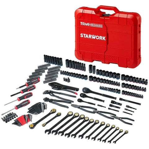 312 Piece Mechanics Tool Set With 120 Tooth Ratchet And 2 In 1 SAE Metric Wrench displayed with red case and tools