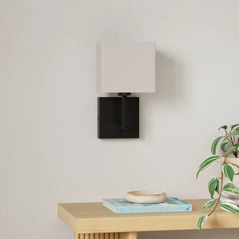 Pair Of Dope Hard Wired Wall Sconces With On Off Switch And Square White Fabric Shades Wall Mounted Lights For Living Room Fireplace Mantel Foyer Hallway Dimmable Bulb Compatible 110V E26 Socket Modern Small Vanity Illumination displayed on wall above table with decor.