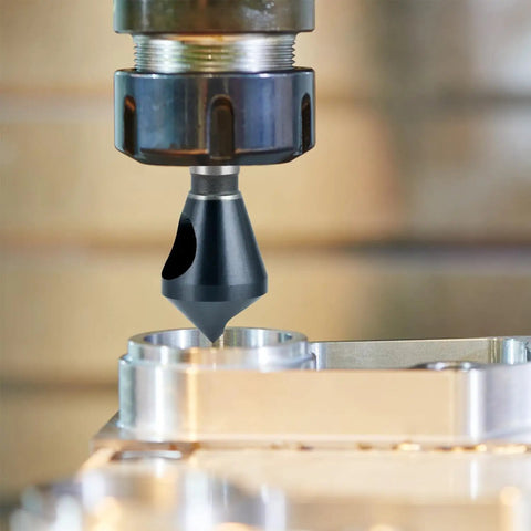 Close-up of Four Piece Cobalt Countersink Chamfer Tool Set Single End M35 High Speed Steel 90 Degree Cutting Angle in use on metal