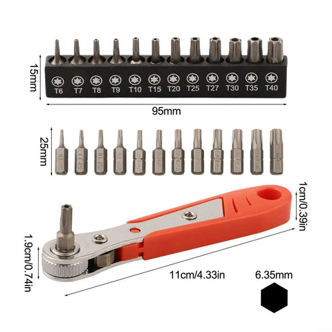 Top Notch Right Angle Ratchet Screwdriver Set For Torx T6 To T40 With 12 Bits And 36 Tooth Reversible Wrench In Alloy Steel For Tight Automotive And Household Repair Jobs That Hit The Spot, 95mm bit holder and 11cm handle