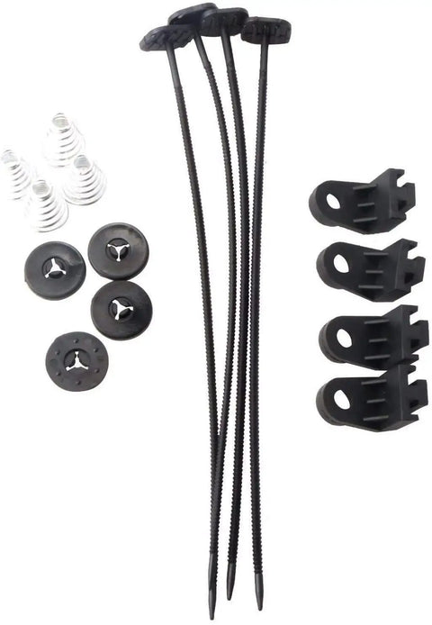 Built Tough 12 Inch Black Universal Electric Radiator Fan Set Featuring Push Pull Design Plus Complete Mounting Kit parts including clips and zip ties.