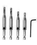Front view: 4-piece chrome self-centering hinge tapper drill bit set for woodworking, sizes 5/64–11/64 in, with hex key