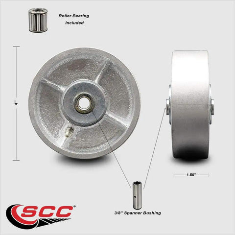 Four X One Point Five Inch Semi Steel Cast Iron Caster Wheel Featuring Roller Bearings And Three Eighth Inch Bore Rated 600 Pounds Capacity No Brainer Heavy Duty Replacement That Crushes Daily Grind