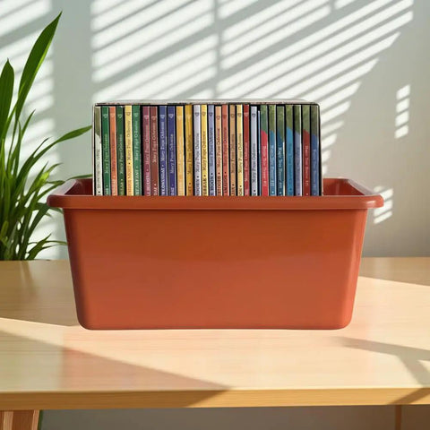 Six Pack Small Cubby Bins Set For Home Playroom And Classroom, Stackable Plastic Storage Bins In Boho Colors Smoke Blue Tan Mint Green Peach Sand Clay, Durable Multi Purpose Organizer Cubbies shown with books.