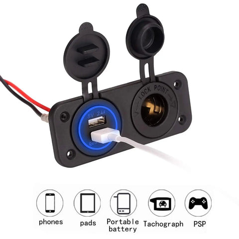 Golf Cart Cigarette Lighter Outlet With Quick Charge 3.0 USB Charger Waterproof 12V Input Power Socket Dual USB Ports Panel Mount Adapter Universal For EZGO Club Car Yamaha Models