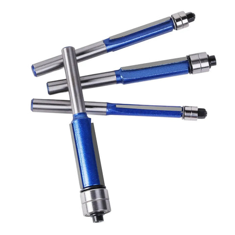 Rock Smooth Sights With This 4Pcs Flush Trim Bit Set For Your Router Featuring A Solid 6Mm Shank And Double Bearing Design That Cuts Clean Edges Without Wobble So You Can Finish Your Woodworking Projects Like A Total Champ Tonight. Four flush trim router bits with blue accents, designed for woodworking projects.