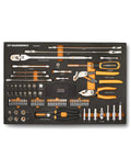 82 Piece 120XP Auto Tool Set Pro Grade in Foam Storage Tray with Low Profile 3 8 Inch Drive Teardrop Ratchet, adapters, and wrenches.