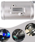Front view of Aluminum MAF Sensor Mount And Air Flow Meter Base Adapter For Nissan, Honda Civic, And Ford MAF Systems Fits 2.5 Inch, 2.75 Inch Or 3 Inch Intake Tubes Easy Install Plug And Play High Temperature Resistant aluminum mount shown installed on engine.