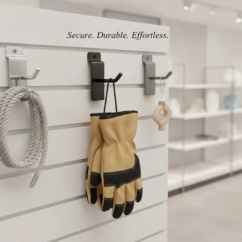 Heavy Duty Slatwall Hook Carbon Steel For Retail Displays And Garage Organization holding gloves and rope