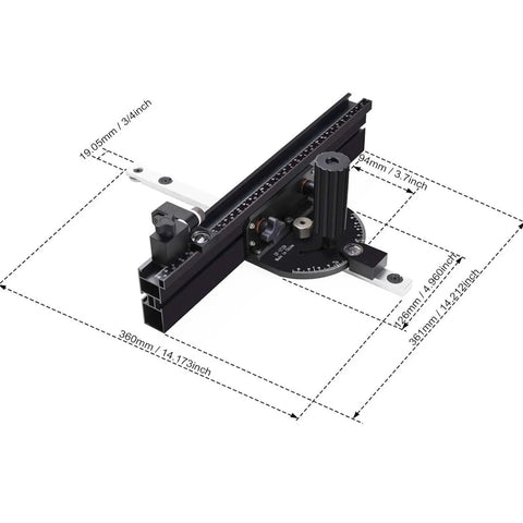 Precision Woodworking Miter Gage With 360Mm Fence And Flip Stop For Bench Saws side view showing measurement details.