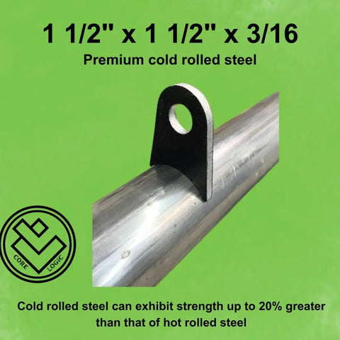 Suspension Tabs Set Of 10 For Roll Cage Radius And Crawler Radius, Heavy Duty Metal Tabs For Seat Belts, Chassis Mounts, Hot Rod And Street Rod Builds. 1 1/2 x 1 1/2 x 3/16 cold rolled steel tab on tubing.