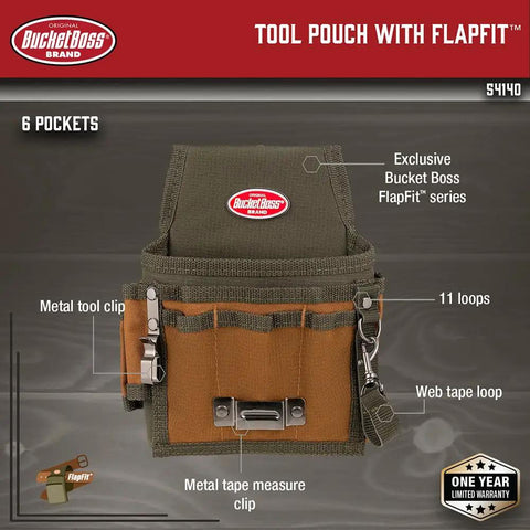 FlapFit Tool Pouch With Flap Nine Pocket Belt Pouch With Eight Tool Loops And Metal Tape Clip Rugged 600D Ripstop Nylon Construction For Pros On The Job Original Series Brown, front view