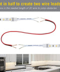 SureLock 560724 White LED Tape Light Wire Lead Connector showing cut wire leads and corner kitchen installation