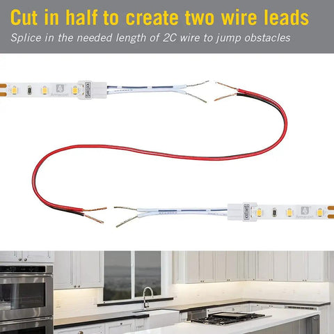 SureLock 560724 White LED Tape Light Wire Lead Connector showing cut wire leads and corner kitchen installation