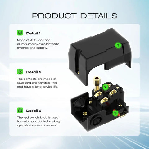 Air Compressor Pressure Switch 90-125 PSI 26A With 1/4 NPT Thread Single Port product details and components close-up