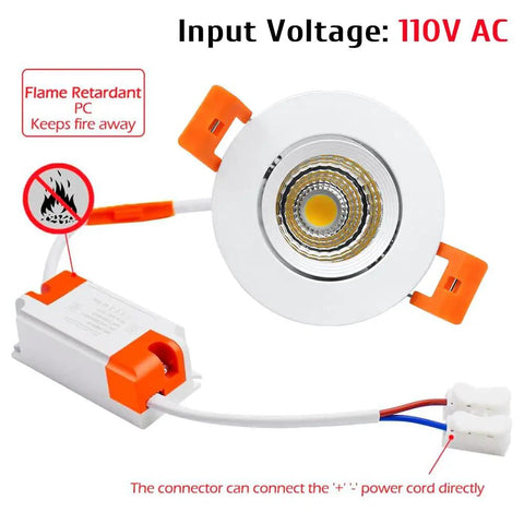 2 Inch LED Dimmable Downlight Recessed Ceiling Light, 3W COB Spotlight shown with driver and wiring features