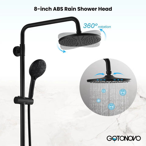 Thermostatic Shower System With 8 Inch Round Shower Head Exposed Shower Faucet Wall Mount Height Adjustable Slide Bar ABS Handheld Sprayer No Tub Spout Polished Chrome showing 360-degree rotation and water flow.