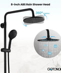Thermostatic Shower System All In One With 8 Inch Round Shower Head Exposed Shower Faucet Wall Mount Anti Scald Core Height Adjustable Slide Bar ABS Handheld Sprayer Tub Spout Matte Black showing 360-degree rotation with water flow