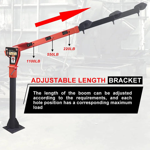 1100Lb Folding Truck Crane With 3500Lb 12V Electric Winch 360 Degree Swivel Painted Steel Jib Infrared Remote Lift For Pickup Trucks Foldable Boom For Easy Loading Of Generators Engines And Tools, adjustable length bracket display in warehouse setting