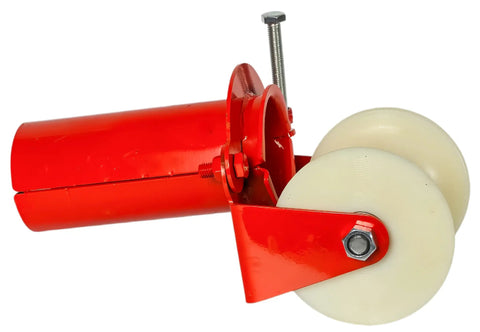 Heavy Duty Cable Puller Sheave With Four Inch Outer Diameter For Smooth Feeding Into Three Inch Conduits And Tight Squeezes Delivering Hassle Free Performance To Get The Wiring Done Right Quickly, featuring two nylon wheels.