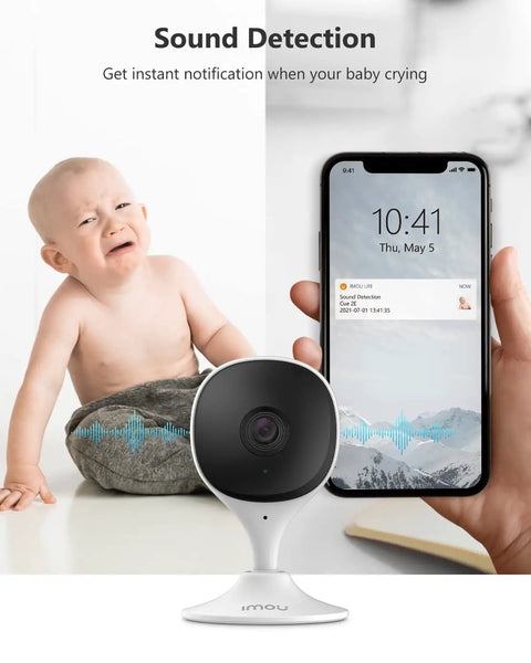 Two Pack 1080P Indoor Security Cams With Night Vision, 2 Way Audio, Human And Sound Detection, Alexa Compatible Baby Monitor showing sound detection alert next to a crying baby.