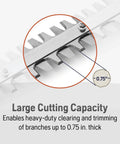 Close-up of Gas Hedge Trimmer With 21-Inch Cutter Bar, Double-Sided Reciprocating Blades showing large cutting capacity up to 0.75 inches.