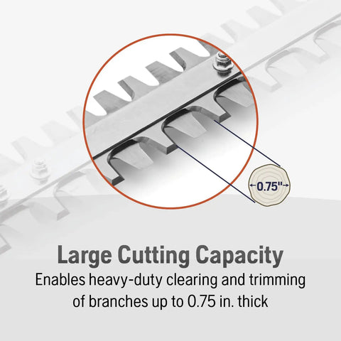 Close-up of Gas Hedge Trimmer With 21-Inch Cutter Bar, Double-Sided Reciprocating Blades showing large cutting capacity up to 0.75 inches.